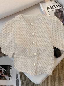 Franclia Áo cánh tay bồng đính nút họa tiết thanh lịch thời trang nữ - Màu Khaki - Xem 3