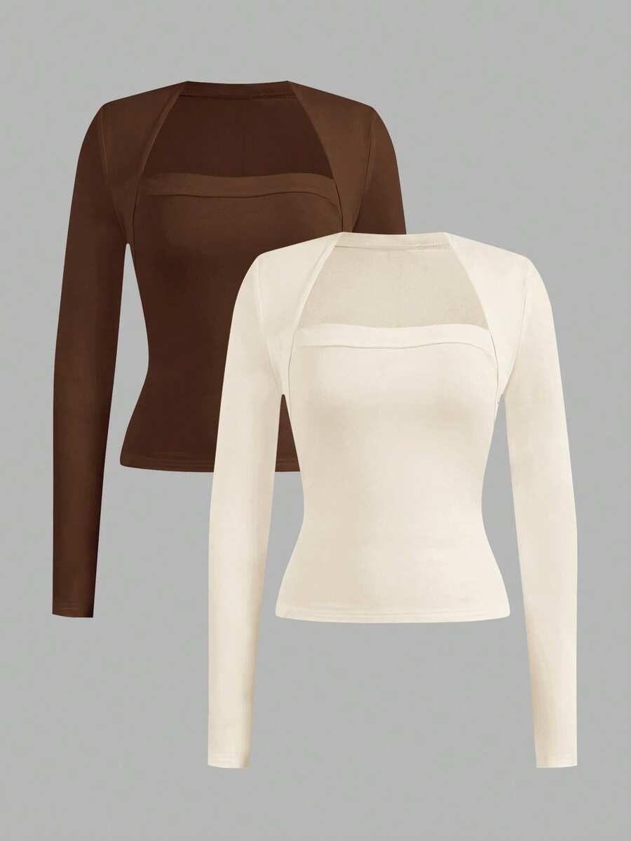 SHEIN EZwear 2 chiếc áo thun dài tay trơn màu đơn giản đa năng cho nữ, phù hợp cho mùa thu/đông - Nhiều màu - Xem 1