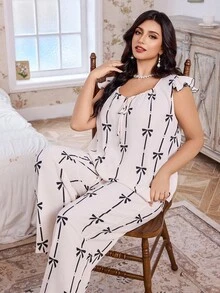 CottageSlumber Plus Size Romantic Bow Print Tie-Up Ruffle Hem Pajama Set Bow Print Pajamas Summer Lounge Sets For Women