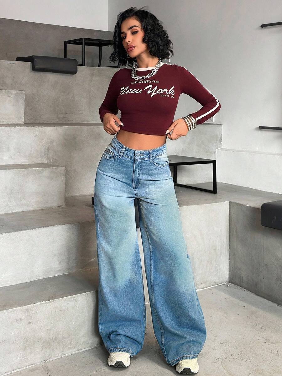 EURMUSE High Waist Casual Loose Wide Leg Denim Jean Wide Leg Jeans Woman Baggy Jeans Y2k Long Sleeve Crop Tops Jean Crop Top Two Tone Jeans - Medium Wash - View 1