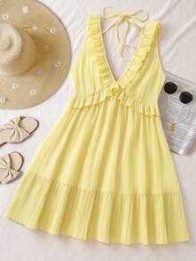 INAWLY Women's Ruffle Strap Minimalist Casual Mini Dress, Light Yellow, Suitable For Summer Vacation - Multicolor - View 1