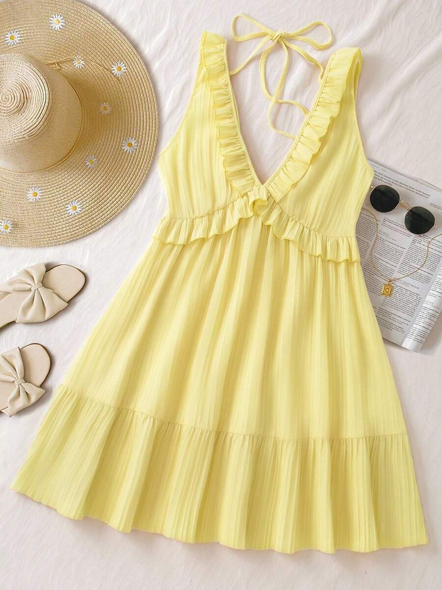 INAWLY Women's Ruffle Strap Minimalist Casual Mini Dress, Light Yellow, Suitable For Summer Vacation - Multicolor - View 1