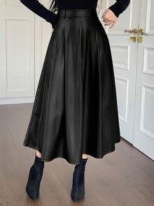 DAZY 女士优雅纯色百褶A字裙，秋季皮裙，冬季女裙 - 黑色 - 查看 3