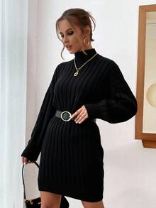 EURMUSE Mock Neck Drop Shoulder Jumper Dress Without Belt - Black - View 4