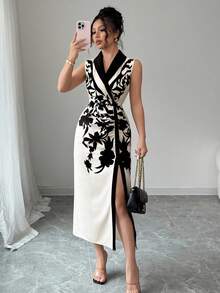 Elenzga 女式植物印花领无袖优雅连衣裙 - 彩色 - 查看 1