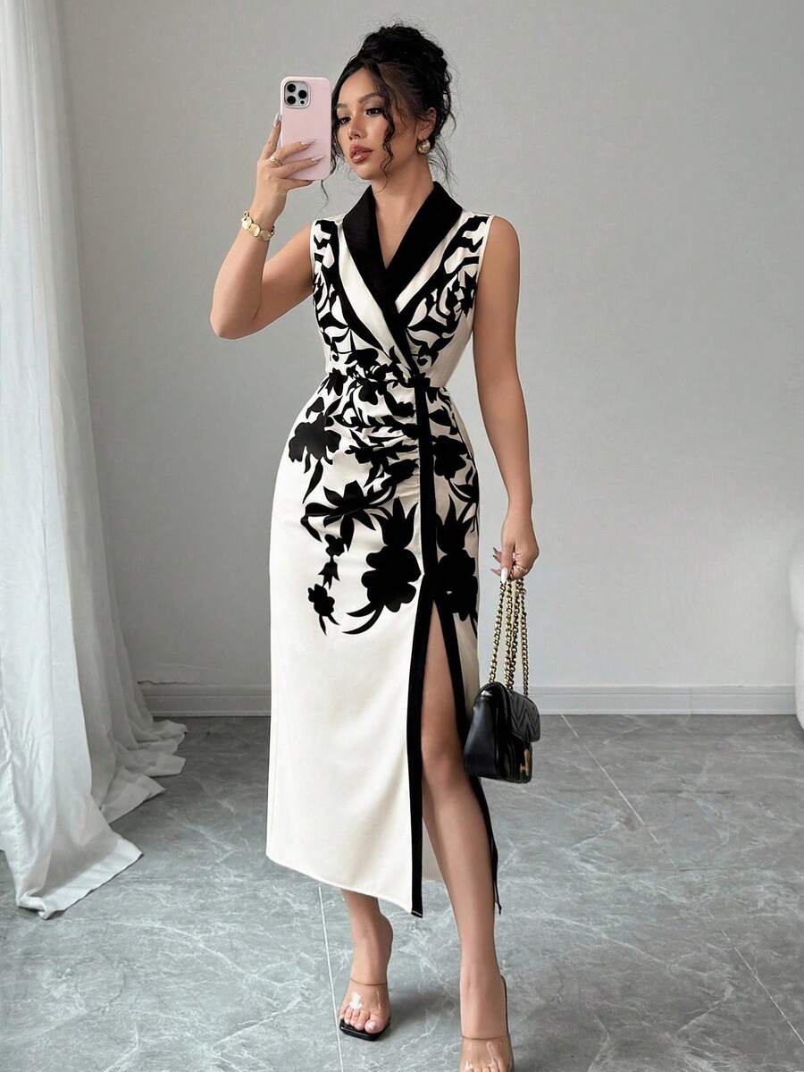 Elenzga 女式植物印花领无袖优雅连衣裙 - 彩色 - 查看 1