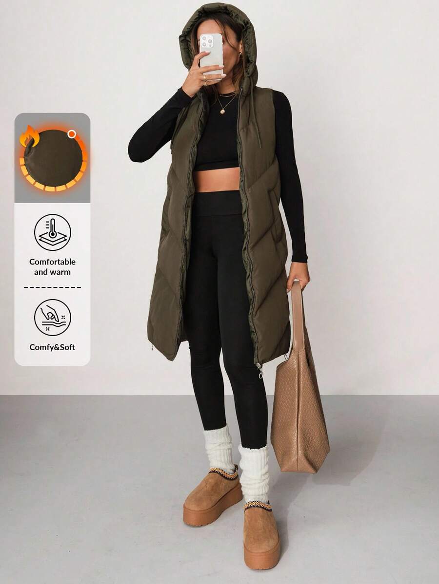 SHEIN Cottnline Khaki Sleeveless Hooded Puffer Winter Coat Effortless ...