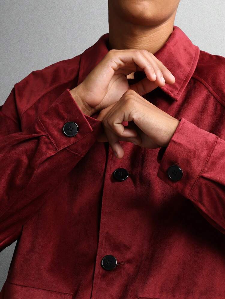 SUMWON Klassische burgunderrote Wildleder Utility Jacke mit Knopfverschluss, lässige Herbst-Winter Oberbekleidung, Business Lässig, moderner Modestil, Kragen-Mantel
