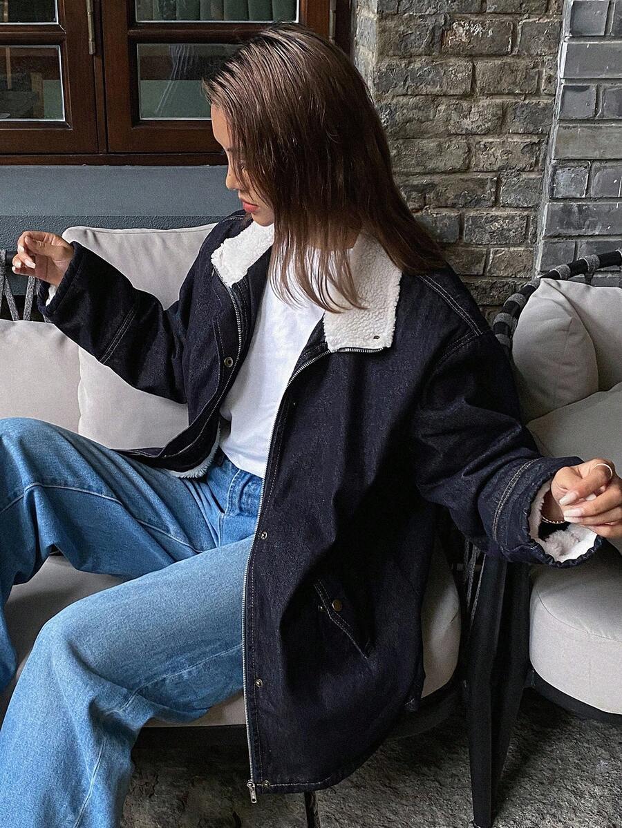 DAZY 女式秋冬羊羔绒拼布休闲宽松牛仔夹克和外套 - 深色水洗藍 - 查看 1