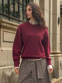 女式宽松圆领长袖休闲复古硬币针织毛衣，秋冬 - 酒紅色 - 查看 8