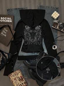 Glowzi 少女休闲前拉链修身卫衣T恤，适合秋冬季节，复古印花，十字印花，秋季款