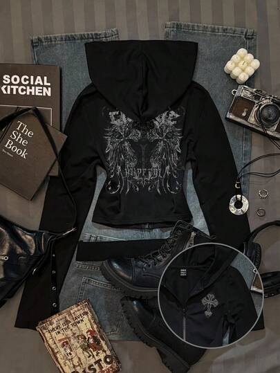 Glowzi Teen Girls Casual Front Zip Fitted Sweatshirt T-Shirt, Suitable For Autumn/Winter, Retro Vintage Print, Cross Print, Fall