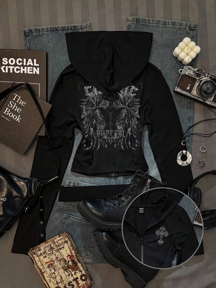 Glowzi 少女休闲前拉链修身卫衣T恤，适合秋冬季节，复古印花，十字印花，秋季款