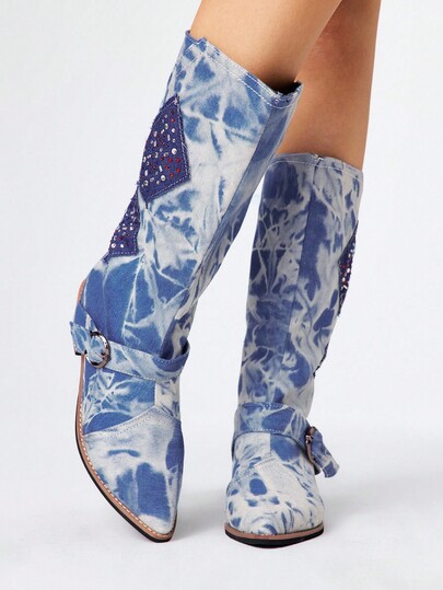 Grunge Punk New Rhinestone Pointed Toe Chunky Heel Mid-Calf Boots, Fashion Boots