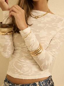 Aralina 秋冬提花花卉刺绣船领薄纱长袖修身女式上衣，适合圣诞节和仙女主题夜晚外出穿着 - 米色 - 查看 3