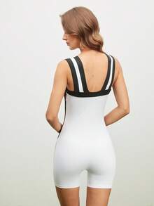 SHEIN Sports Bộ đồ liền thân không tay in màu tương phản dành cho nữ - Đỏ và trắng - Xem 4