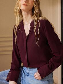 Écloséra Solid Notched Buttoned Cuff Blouse,Long Sleeve Tops Fall Cloth For Women - Burgundy - View 3