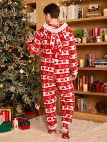 CoupledUp Coupled Up Thick Christmas Print Fuzzy Hooded Long Sleeve & Pants Jumpsuit Sleepwear For Men, Autumn/Winter, Fall Winter Christmas Fluffy Couple Fluffy Christmas