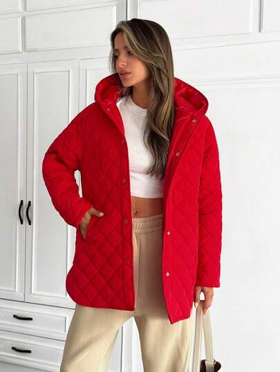 EURMUSE Red Puffer Jacket Women Hooded Oversized Quilted Pullover Lightweight Warm Women Winter Coats Outwear Fleece