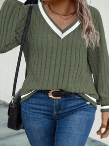 SHEIN LUNE Women's Plus Size V-Neck Soft Ribbed Knitted Sweatshirt For Autumn/Winter Graduation,Back To School,Graduation,Teacher,Back To School Pullover Fall - Army Green - View 5