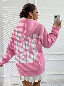 SHEIN Unity Slogan Áo hoodie dây rút có dây rút in họa tiết YÊU CHÍNH MÌNH - Hồng - Xem 5