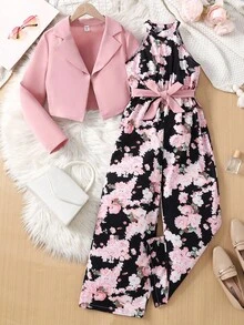 SHEIN 2pcs/Set Tween Girls Autumn Pink Asymmetric Hem Long Sleeve Jacket And Loose Floral Print Jumpsuit, Elegant Casual/Work Outfit Two Piece Outfits Two Piece Sets Floral Two Piece Set Two Piece Jumpsuit Crop Top And Pants Set Fall Winter - Multicolor - View 1