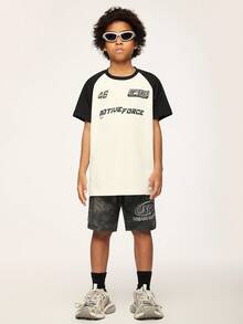 SHEIN Explorewe Tween Boy Street Style Letter Print Raglan Color Block Short Sleeve T-Shirt, Suitable For Sports Activities Like Basketball, Football, Running, With Fabric And Design To Meet Kids' Sports Needs - Black and White - View 5