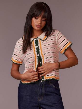 Athîral Casual Women Hollow Out Peter Pan Collar Knitted Top,Knitted Sweater