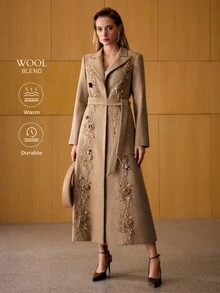 MOTF PREMIUM WOOL APPLIQUES BELTED OVERCOAT - Khaki - View 1