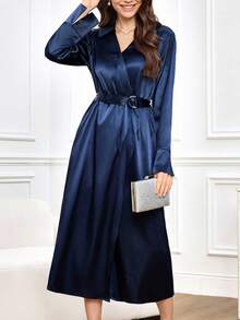 Miaspire Elegant Women's Navy Blue Satin Dress,Autumn Lapel Wrap Wedding Guest Dress With Metal Buckle Belt,High-End Chic Shiny Fabric Party Dining Dress - Navy Blue - View 6