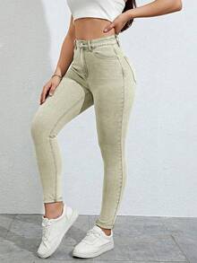 High Waist Skinny Jeans - Mint Green - View 1