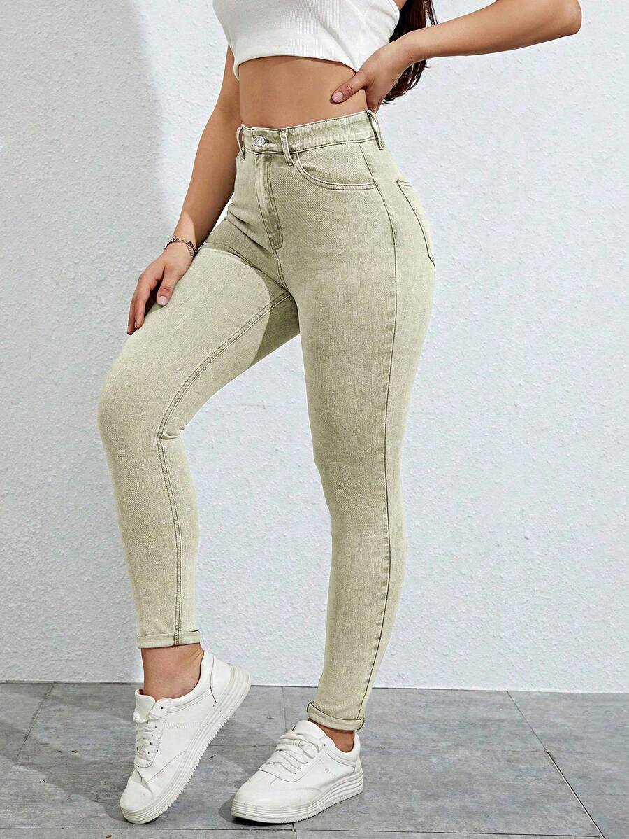 High Waist Skinny Jeans - Mint Green - View 1