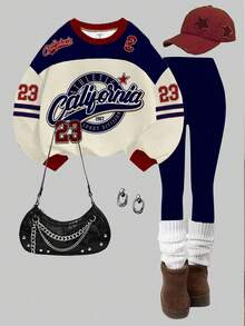 SHEIN Leap Crew 青少年女孩休闲复古字母和数字徽章图案运动衫和紧身裤两件套，学院风，返校，时尚运动服，圆领舒适长袖，适合秋冬季 - 彩色 - 查看 6