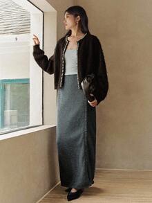 Dazy-Less 女士宽松休闲优雅直筒半身裙，秋冬商务休闲女装 - 灰色 - 查看 3