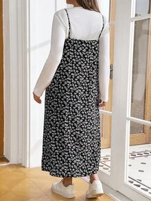 SHEIN Essnce Damen Lässig Set in Große Größen, Damen Zweiteiler, Langarm T-Shirt Oberteil + Trägerkleid, Zweiteiler, Herbstkleidung für Damen, Lässig Kleider für Damen im Herbst, Damenkleidung Lässig im Herbst, Herbstkleider für Damen, Herbstkleidung in Große Größen, Lässig Kleider - Weiss - Übersicht 2