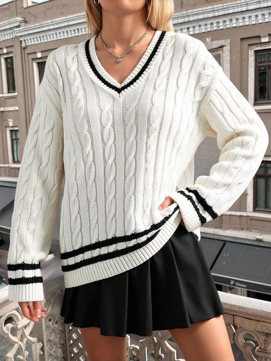 Cloudara Suéter De Talla Grande Con Diseño De Rayas, Cuello En V Y Mangas Largas - Blanco - Ver 1