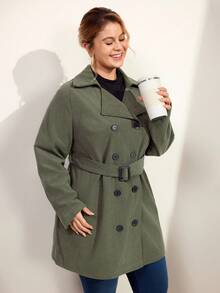 Momelise 大码女式束腰中长款风衣，户外秋冬夹克 - 軍綠色 - 查看 7