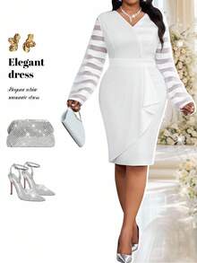 Fleurora 大码女士优雅V领条纹网纱拼接长袖修身连衣裙，适合工作和通勤，春秋季穿着