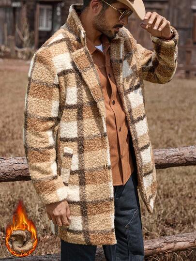 Manfinity Nomadique 男士宽松格纹拼接口袋落肩大衣，休闲外出撞色外套，秋冬款