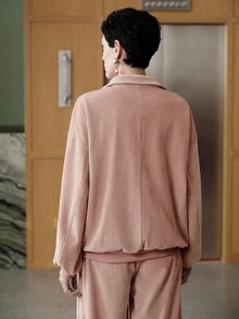 Uhlyne Uhlyne Women's Casual Minimalist Distressed Collar Zip-Up Ribbed Sweatshirt, Autumn/Winter - Dusty Pink - View 2