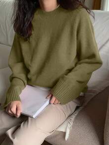DAZY 女士休闲日常纯色保暖常规针织毛衣，秋冬，秋季女装 - 軍綠色 - 查看 3