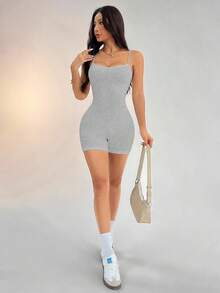 SHEIN PETITE 休闲简约纯色吊带连体裤适合夏季紧身女士紧身衣