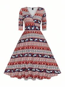 SHEIN Elegant V-Neck Long Sleeve A-Line Christmas Holiday Plus Size Dress, Multiple Colors - Multicolor - View 1