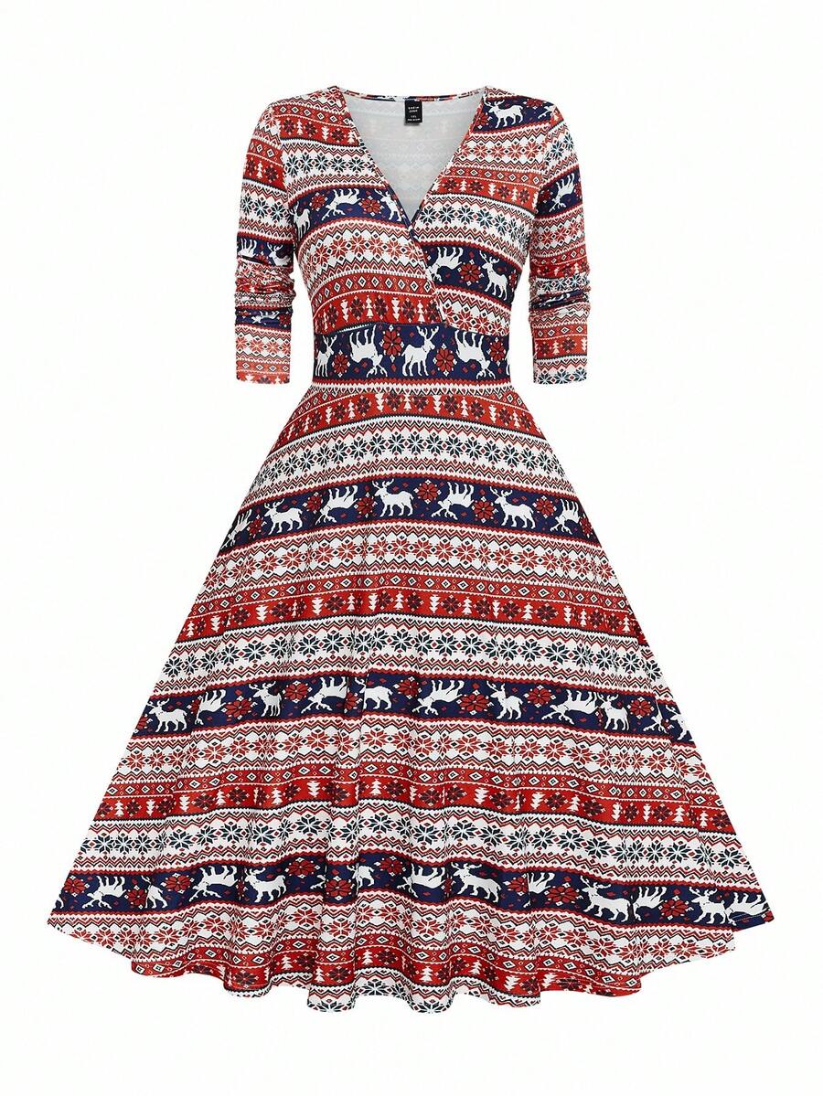 SHEIN Elegant V-Neck Long Sleeve A-Line Christmas Holiday Plus Size Dress, Multiple Colors - Multicolor - View 1