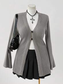 Sunspun 加大码女式波西米亚风格纽扣前针织开衫，适合所有季节，是度假装的理想选择 - 灰色 - 查看 7