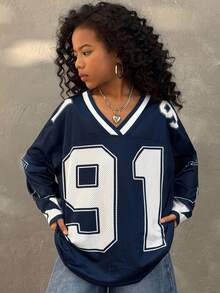 Coolane Kids 青少年女孩秋冬街头运动休闲亲子服装透气网眼棒球服 V 领 T 恤、补丁、返校、运动休闲 - 藏蓝色 - 查看 1