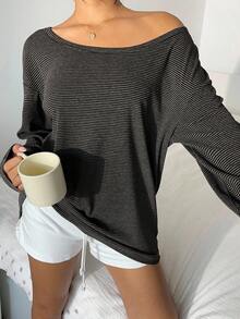 Aloruh 女士秋冬条纹长袖斜肩宽松休闲时尚衬衫 - 彩色 - 查看 1