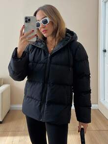 EURMUSE Women Solid Color Zipper And Pocket Detailed Winter Coats Puffer Jacket Black Puffer Jacket Womens Puffer Jacket Hooded Puffer Jacket Black Jacket Women - Black - View 6