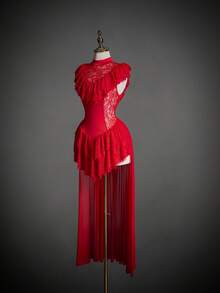 SHEIN ICON 女式红色万圣节迷你立领蕾丝网眼分层不对称下摆服装连衣裙 - 紅色 - 查看 10