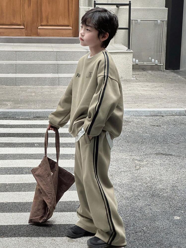 2pcs Tween Boy Thermal Lined Loose Casual Sweatshirt And Pants Sports Suit, Autumn Loose Fit Letter Print Sportswear